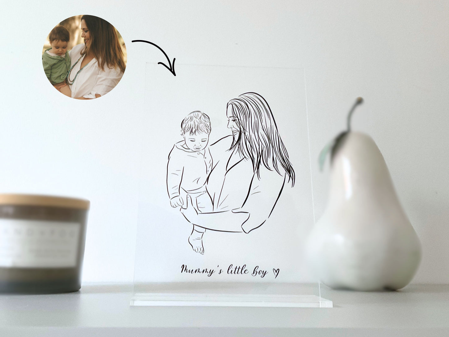 Custom Mother and Child Portrait. Line Art Plaque