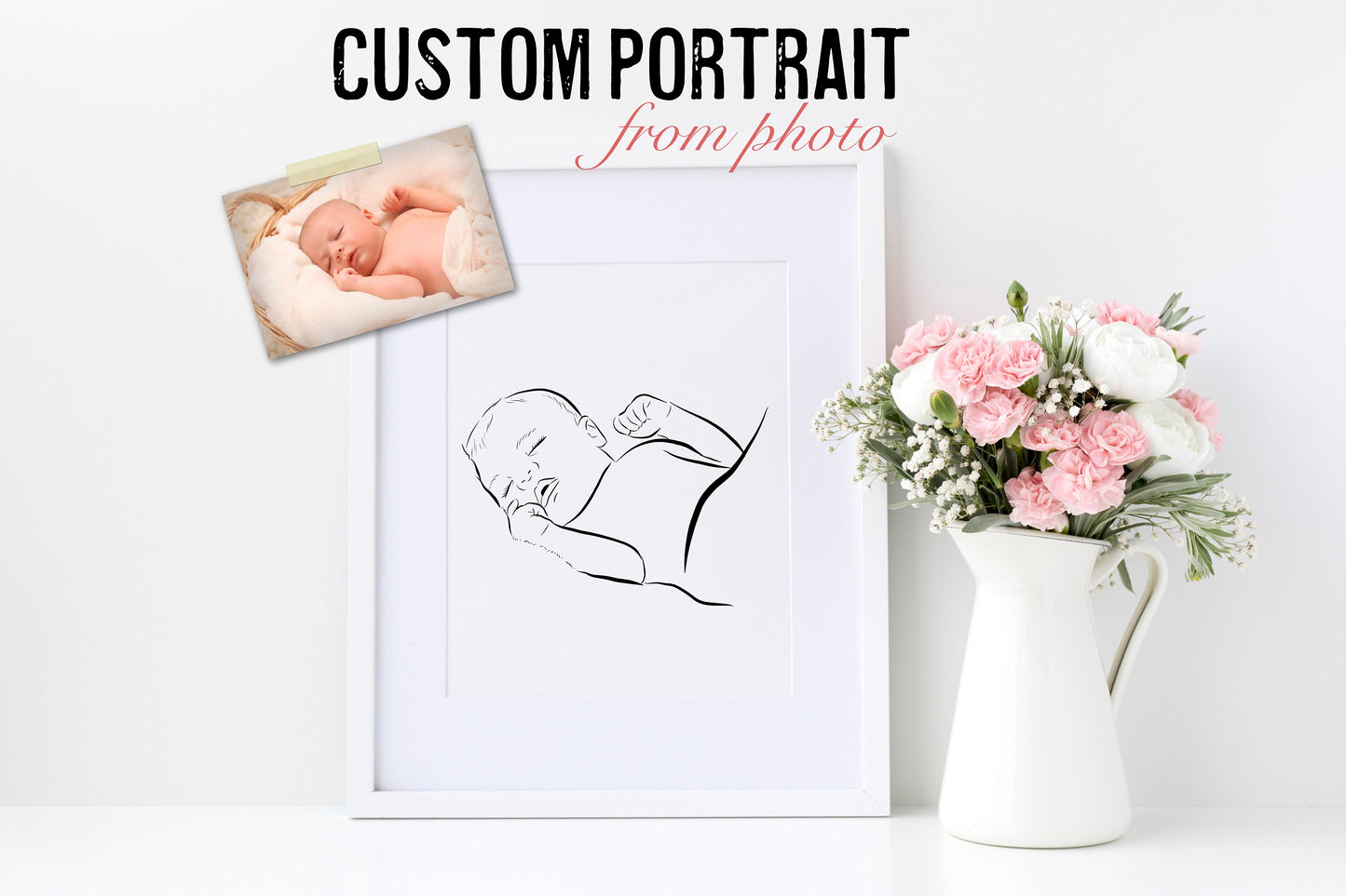 Newborn line art. Custom Baby portrait. Nursery gift idea. Minimalistic baby print.Gift for a new mum. Gift for her. Digital portrait