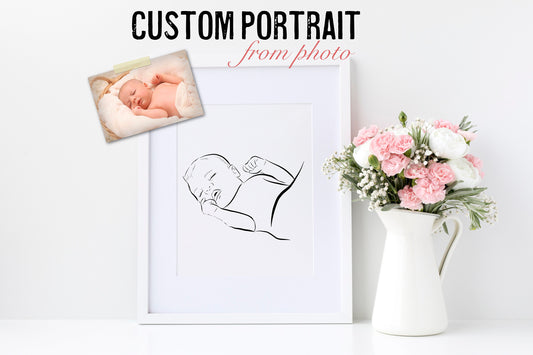 Newborn line art. Custom Baby portrait. Nursery gift idea. Minimalistic baby print.Gift for a new mum. Gift for her. Digital portrait